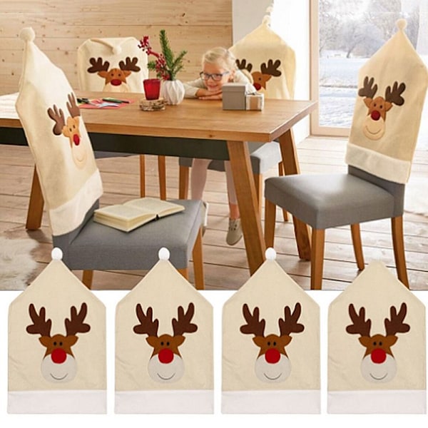 Stolsöverdrag med Snögubbe och Älg för Kvalitativ Polyester Hem Middagsbord Juldekorationer, Lättanvända Söta Jultomtar (4 st)