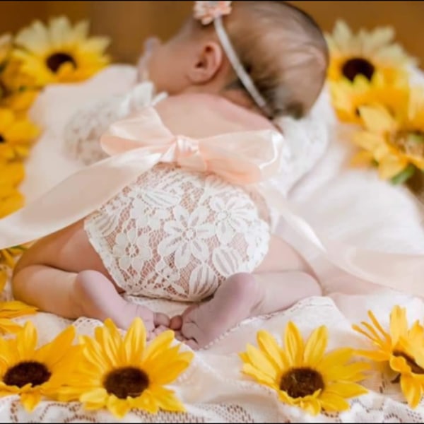Nyfødte baby blonder rompers fotografi rekvisitter med sløjfe hovedbeklædning