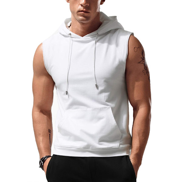 Mænds Hættetrøje Tanktop Med Snøreforan Lomme Ren Farve Sportsærmeløs Løbeskjorte Hvid M