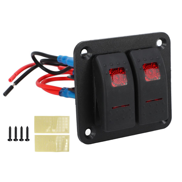 Vippbryterpanel 2-gang På/Av Forhåndskoblet Rød LED 12V 24V 20A 10A med Merking for Båter og Kjøretøy
