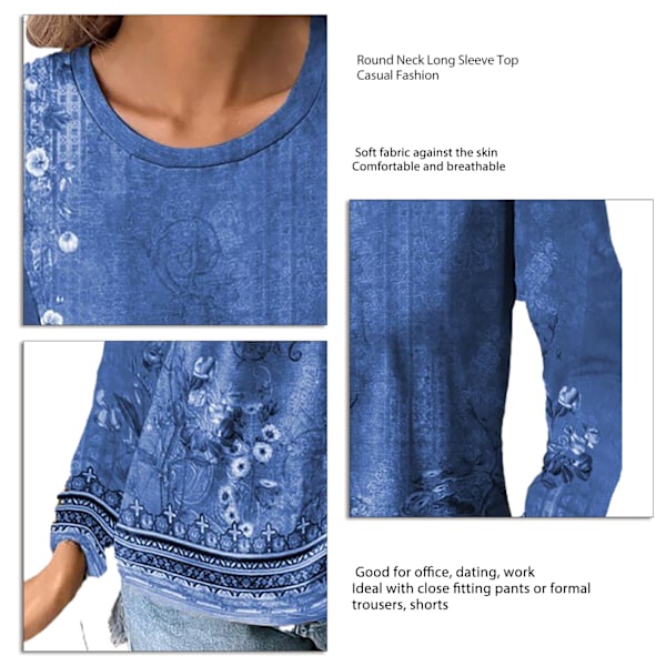 Rundhalsad Blommig Blus Långärmad Trendig Casual Figursydd Blommig Tryckt Blus för Kvinnor Blå S