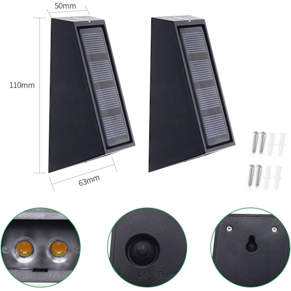 Solcellsvägglampor, Uppgraderad Storlek Utomhus Solcellslampa Med Hög Ljusstyrka Och Automatisk Strömbrytare, För Uteplats, Trappsteg, Trädgård (2-pack)