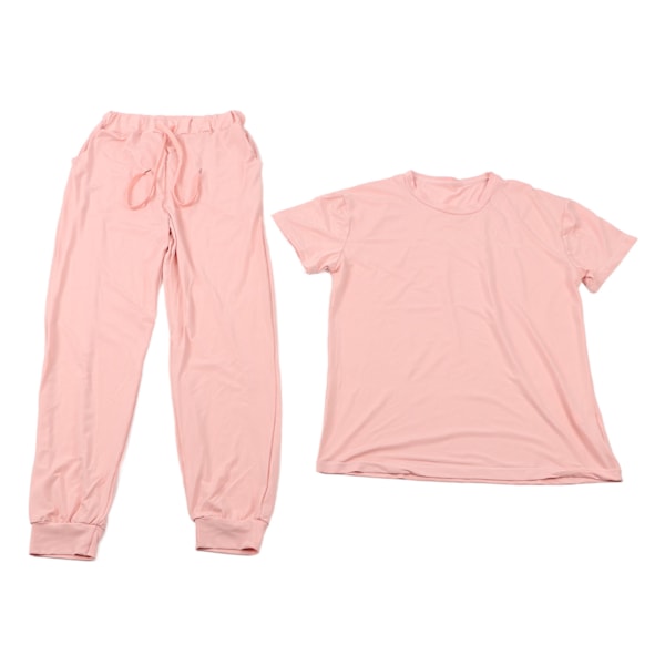 Dam 2-delat Set Kortärmad Skjorta Dragsko Långbyxor Enfärgad Casual Fritidsset Rosa M