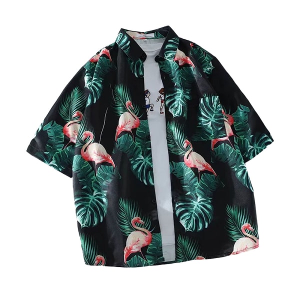Skjorte med tropisk trykk for menn med kort ermet brystlomme Relax Fit
