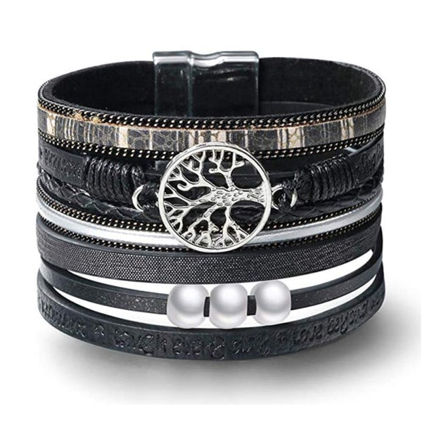 PU läderarmband, pärla Tree of Life magnetspänne armband black