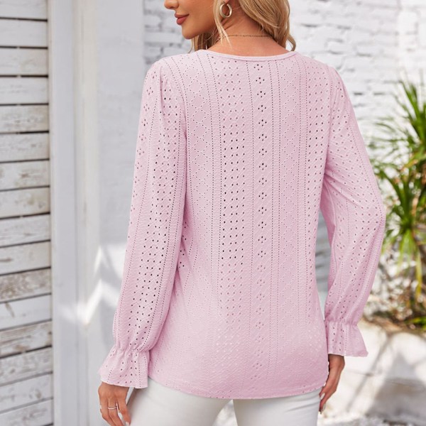 Spets V-ringad Blus Casual Figurnära Enfärgad Utskuren V-ringad Spets Långärmad Blus för Kvinnor Rosa XL