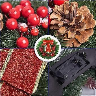 Forhåndsbelyst kunstig julekrans, LED-lys, Gran med bær og kongler