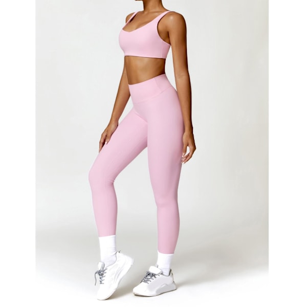 Träningsset för kvinnor Högmidjade leggings U-ringad BH Svettransporterande magkontroll Tvådelade träningskläder Rosa XL