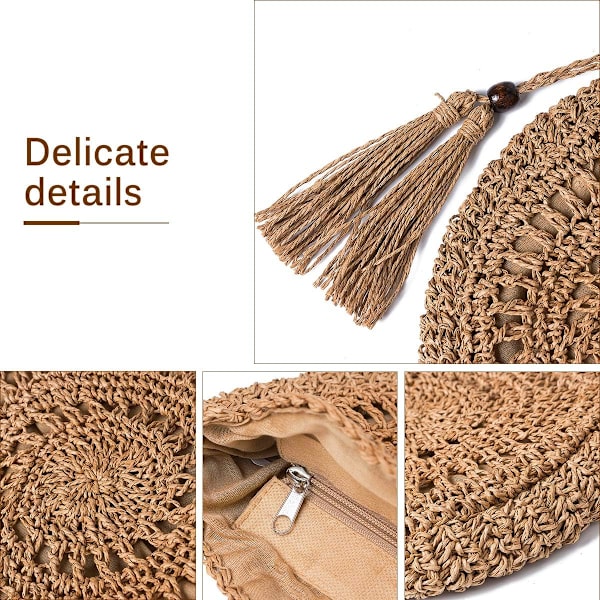 Halm skuldertaske Kvinder, Strandtaske Kvinder Crossbody Taske med kvast Vævning Raffia Taske Sommer Strandpung Rund Indkøbstaske til Rejsearbejde Udendørs