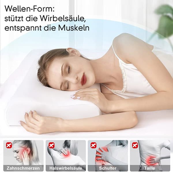 Afslappende cervikal pude til smertelindring, ergonomisk design sikrer korrekt spinal justering, langsom rebound memory foam til dyb søvn og