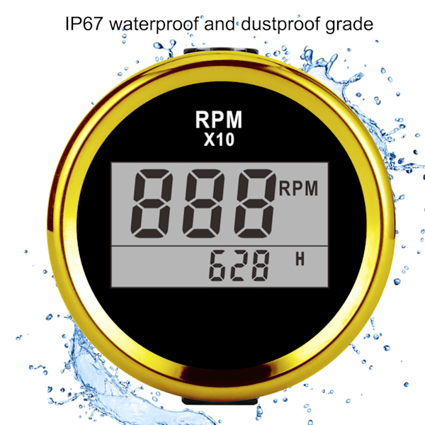 0‑9990RPM Varvräknare Mätare IP67 Vattentät Röd Bakgrundsbelysning 52mm/2in LCD-Skärm 9‑32V Svart Urtavla Guldöverdrag