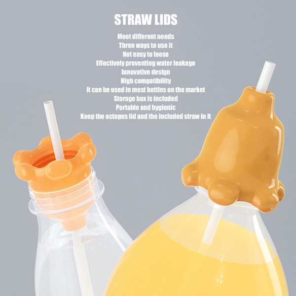Sippy Cup Låg, Spildsikker Blød Silikon Blæksprutteformet Strå Låg til Spædbørn Småbørn Børn Orange