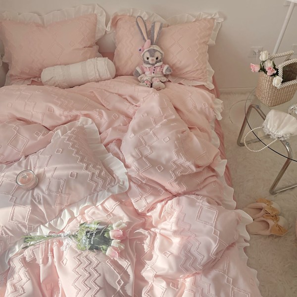 Täcke med Anti-förskjutningsstruktur, Boho Queen Size Säng i en Väska, Lättskött Maskintvättbar Geometrisk Broderi för Flickrum, Elegant, 3 delar