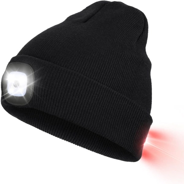 Hatt med LED-ljus fram och bak, USB-uppladdningsbar pannlampa med 3 ljusstyrkor, stickad mössa med ljus för jogging, camping, cykling