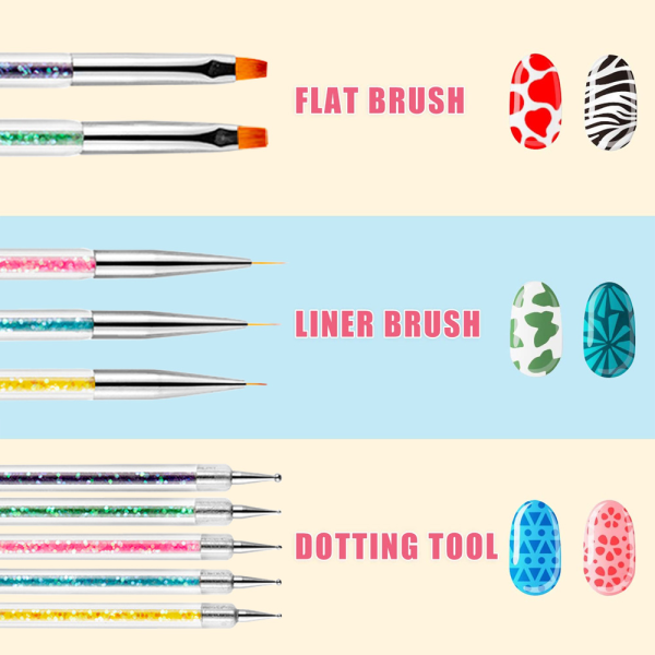 Nail Art Brushes Doble Ended Pensel og Dotting Tool Kit Nail