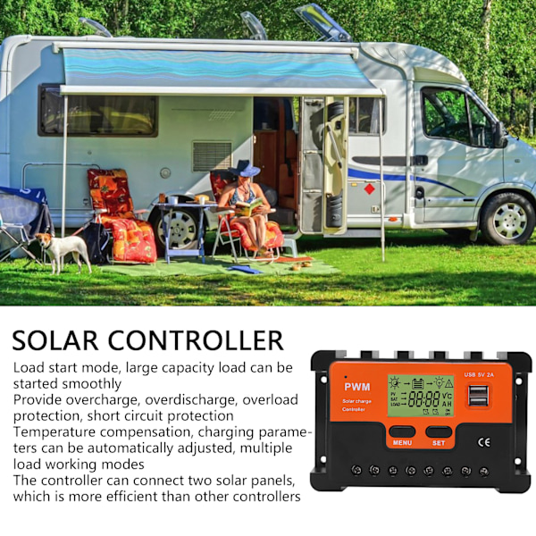 PWM Solarkontroller 12V/24V Automatisk Identifiering Vattentät 28AWG Till 10AWG 20A Solarkontroller med 2 USB 5V Utgång LCD
