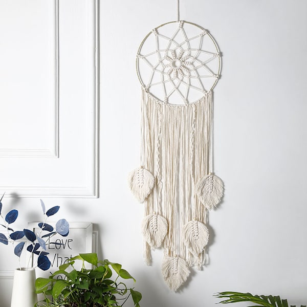 Boho drömfångare makrame drömfångare för sovrum vävd fjäder