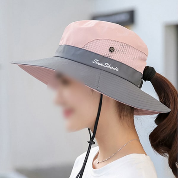 Kvinnors hästsvans Solhatt UV-skydd Vikbart mesh bred brätte b pink