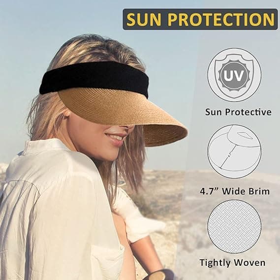 Dame Strå Solskjerm Hatt Bred Brem Sommer UV-beskyttelse Strand C