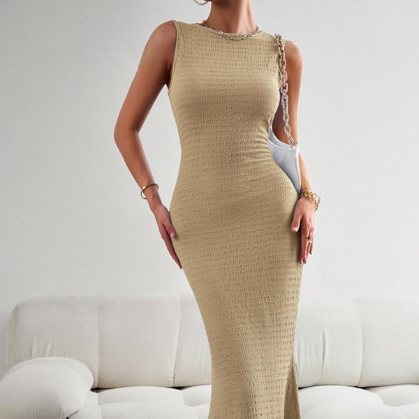 Ärmlös Stickad Kroppsnära Lång Klänning Slim Fit Elegant Enfärgad Ärmlös Kroppsnära Maxiklänning för Kvinnor Khaki XL