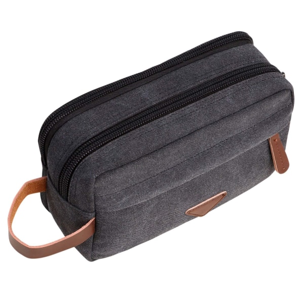 Mens Travel Toiletry Bag with Double Compartments Canvas Leather Cosmetic Makeup Organizer Shaving Dopp Kits - Black