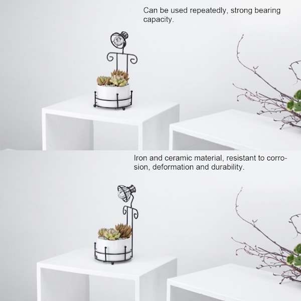 Bordslampa Form Keramisk Växt Blomkruka Displayhållare med Glödlampa Hem Kontor Trädgård Dekor Vit+Svart