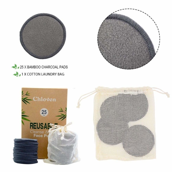 25 Pack Charcoal Bambus Genanvendelige Makeup Remover Pads - Økologiske Bambus Genanvendelige bomuldsrunder til toner, vaskbare miljøvenlige puder til alle hudtyper