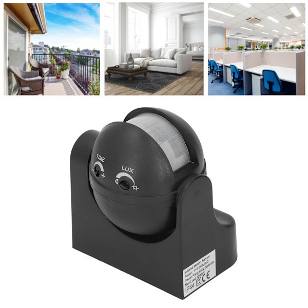 Bevægelsessensor Detektor Switch Vandtæt Intelligent Strålingsfri ABS Husning Infrarød PIR Bevægelsessensor AC110‑240V Sort