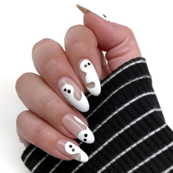 Blankt spøgelsestryk på negle Hvide Medium Ovale Falske Negle Designet Mandel Fuld Dækning Kunstige Søde Halloween falske negle Tips til kvinder og piger