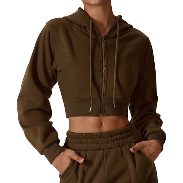 Dam Zip Up Hooded Sweatshirt Fleece Dragsko Långärmad Lös Passform Full Zip Hoodie Kaffe Färg M