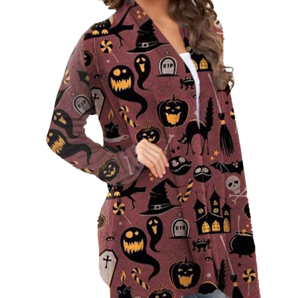 Dam Halloween Öppen Framtopp Tryck Långärmad Lös Passform Elegant Vardaglig Ytterkläder Typ 6 M