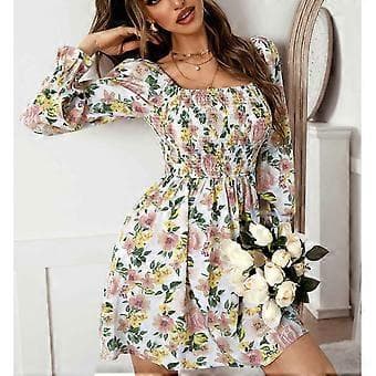 Blommig Rynkad Off Shoulder Klänning Trendig Elastisk Stretchig Elegant Klänning för Kvinnor