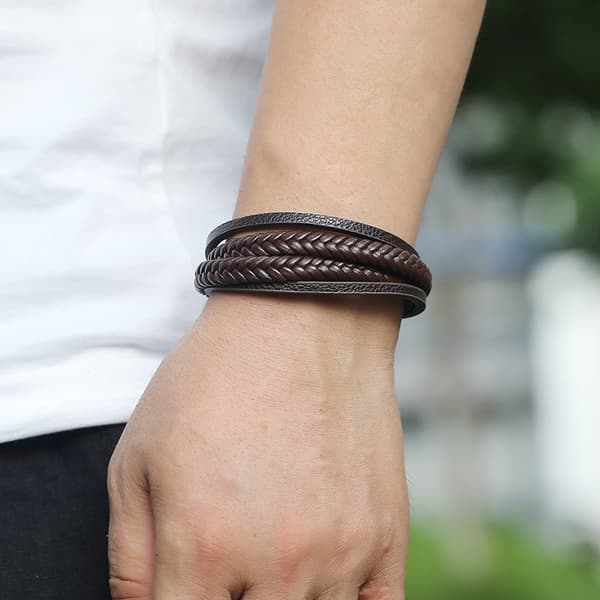 Herre ægte læderarmbånd og multiarmbånd i rustfrit stål