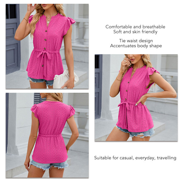 Volangärmlös blus med bandage, rynkad midja, enfärgad, knäppning, volanger, omlott, ärmlös blus, rosa M
