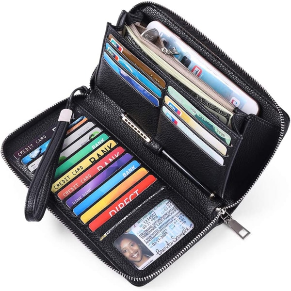 Damplånbok, läderplånbok med stor kapacitet, dragkedja, RFID-blockerande armband och mer, AA-svart