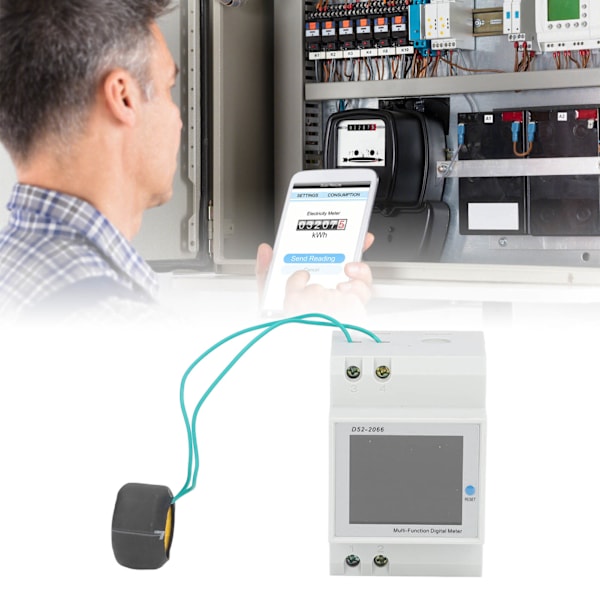AC Spännings- och Strömstyrkemätare, Skensmonterad, LCD-Skärm, Amperemeter, Voltmeter, Multimeter, D52‑2066, 40.0‑300.0V, 0-45000W