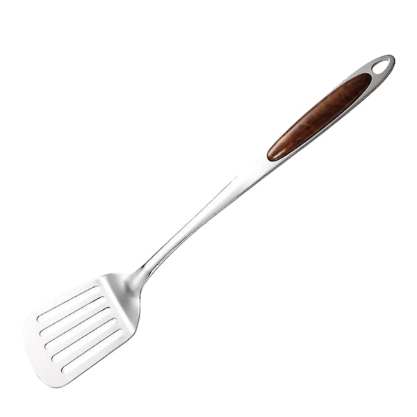 Professionell stekspade i rostfritt stål, ergonomiskt trähandtag för enkel wokning, solid och robust slitsad stekspade
