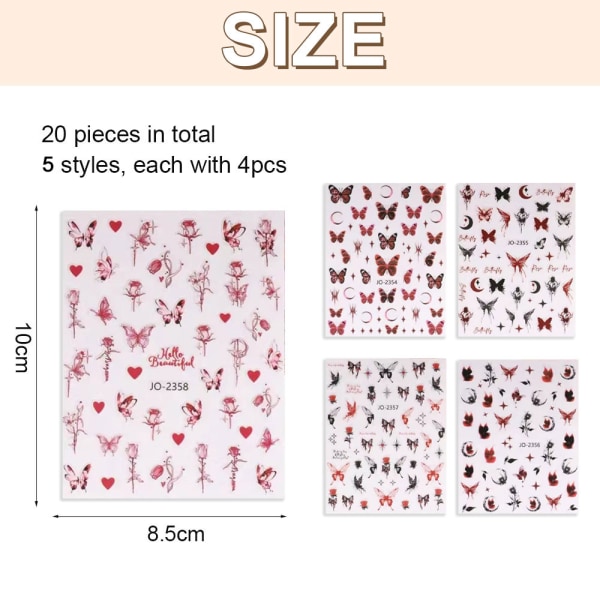 20 ark Butterfly Nail Stickers Negletilbehør for Neglekunst