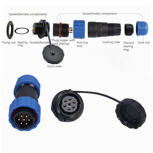 Aviationkontakt IP68 Vattentät Kontakt Bakmutter Han/Hona Butt-terminal 380V SP207 Stift