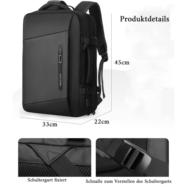 Udvidelig 26L-38L rygsæk, business rygsæk til mænd, bærbar taske 17 tommer med USB-opladningsport, vandtæt rygsæk, tyverisikring, flyveturet