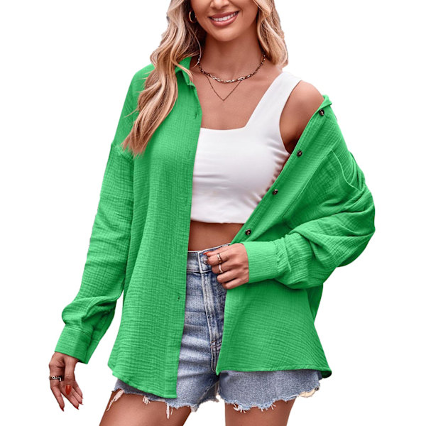Dam Casual Långärmad Enfärgad Skjorta V-ringad Knäppning Ned Lapel Krage Blus Toppar för Fest Shopping Resor Grön XXL