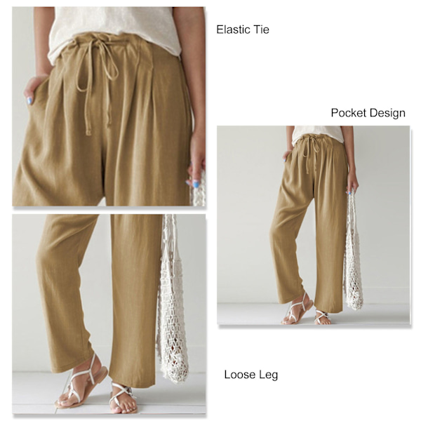 Dame Straight Bukser Elastisk Talje Slips Bredbenet Bukser Løse Bukser til Forår Sommer Khaki XXL