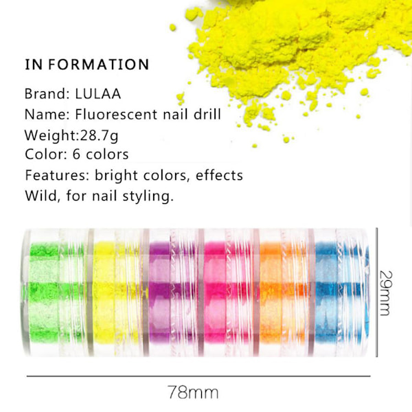 6 Färger Nagelfärg Fosfor Nagelfluorescerande Pigmentpulver Nagelkonstpulver