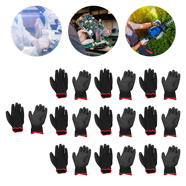 10 Par Sikkerhedsarbejdshandsker PU-belagt Statisk Sikker Nylon Generel Sort med Rød Kant 7(S)