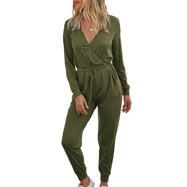 Långärmad Byxdress Slim Snörning V-ringad Polyester Mode Vardag Damkläder Militärgrön M