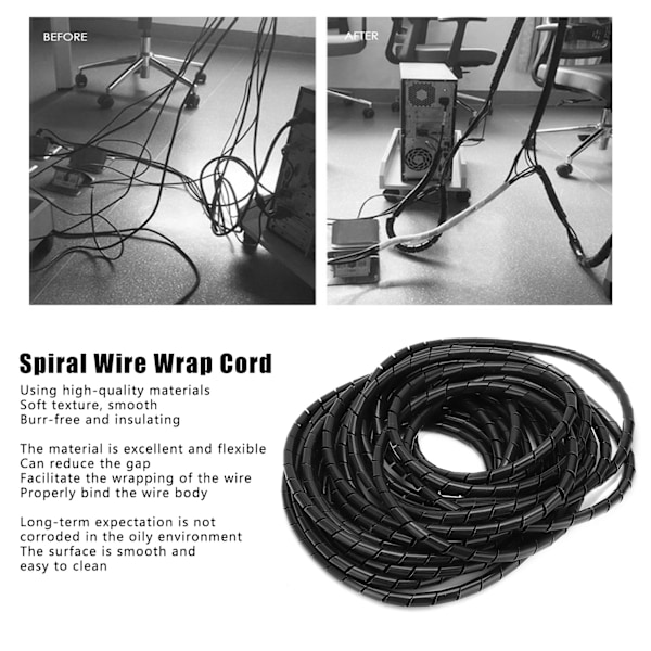 Spiral Wire Wrap Kabel Organizer Fleksibel Kabelstyring Svart Φ8mm 10 Meter for Ledninger