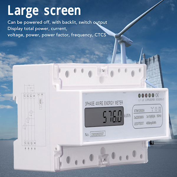 Energimätare 3-fas 4-ledare 7P Digital LCD Kwh Wattmeter Strömförbrukning 35mm DIN-skena Montering