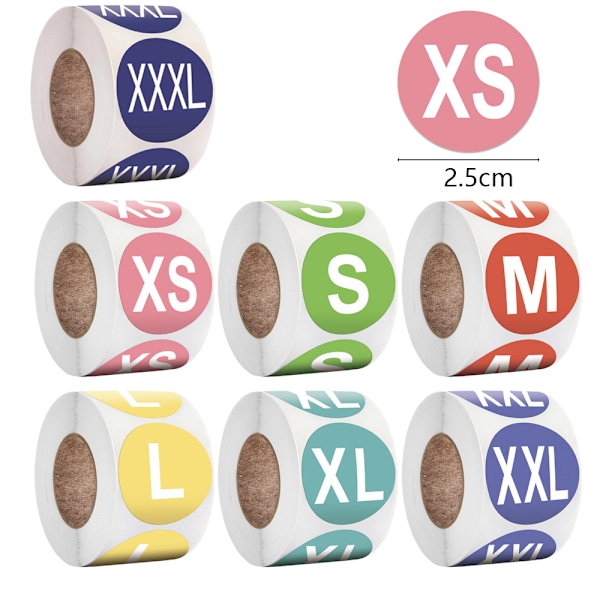 Färgkodade Klädstorleksdekaler, Självhäftande Etiketter för Klädstorlekar, 2,5 cm Diameter För Olika Klädesplagg (7 Storlekar: XS, S, M, L, XL, XXL,