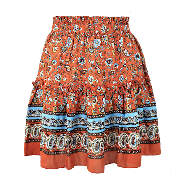 Kvinners Ruffled Hem Skjørt Blomstertrykt Elastisk Etnisk Kort Skjørt For Sommer Vår Høst Jujube Rød S