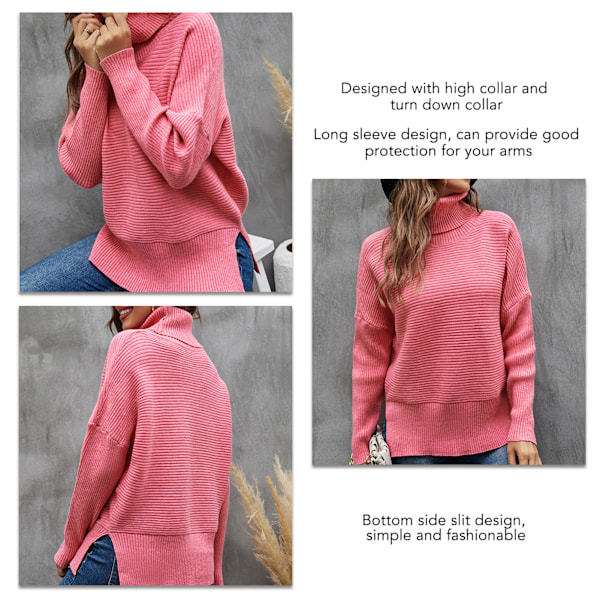 Dam Hög Krage Tröja Långärmad Sidoslits Enfärgad Dam Pullover Stickad Tröja för Höst Vinter Vår Rosröd M